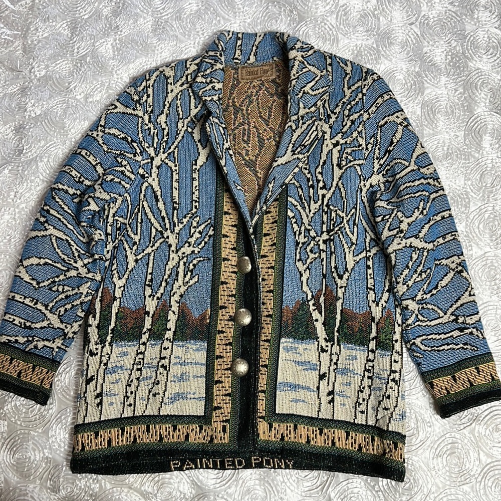 Painted Pony Blue Birch-Print Women’s Cardigan Sweater